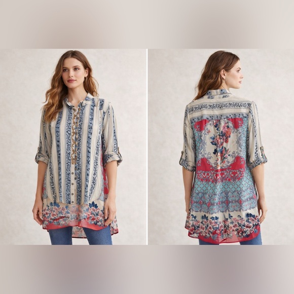 Aratta Silent Journey Tops - Aratta Silent Journey Boho Mixed Print High Low Tunic Shirt XL